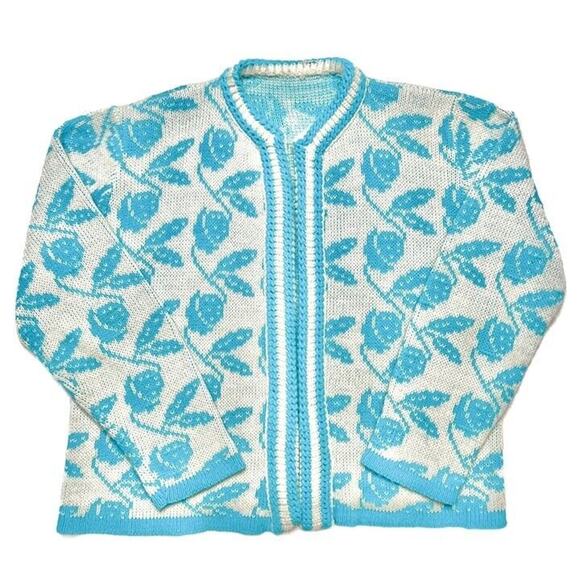 Vintage 70s Handmade Strawberry Knit Cardigan Sweater Blue White Open Front - Picture 1 of 8
